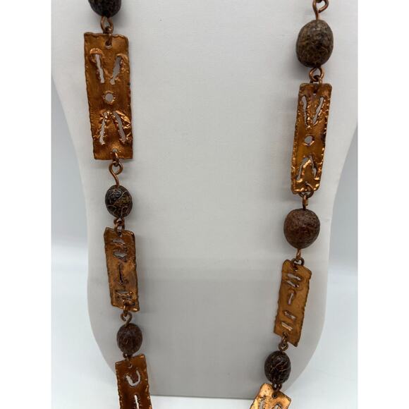 Brutalist Artisan Copper cutout pendant and Beaded chain Boho Necklace - Picture 3 of 5